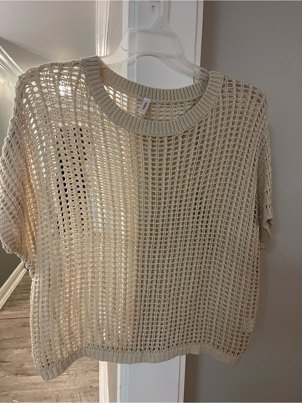 Light Cream Open-Knit Short Sleeve Sweater Top
